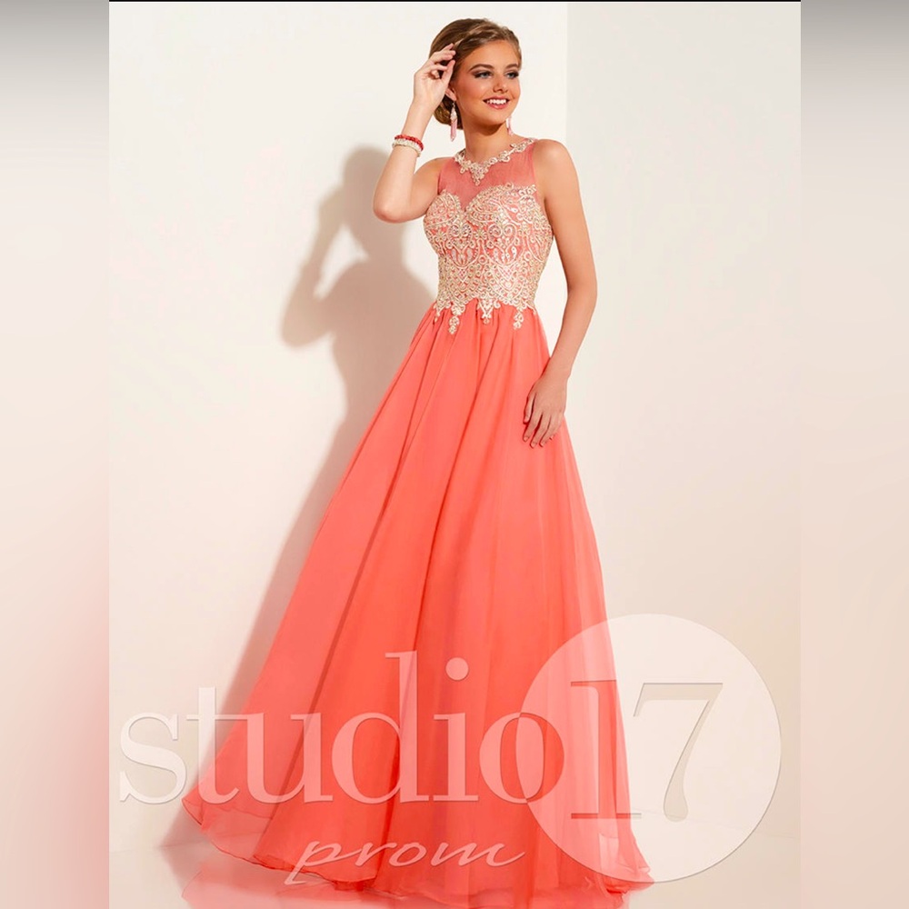 Merida - Fierce Racer-Back Coral Chiffon Gown with Gold and Sparkle Appliqué
